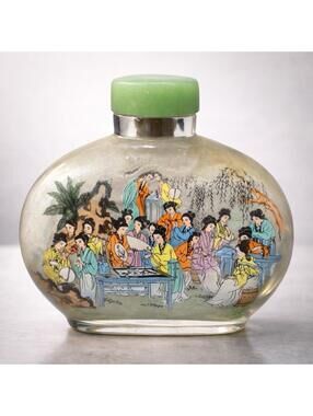 Vintage 1980s Chinese Snuff Bottle Reverse Painted Glass Jade Stopper, 4x4”